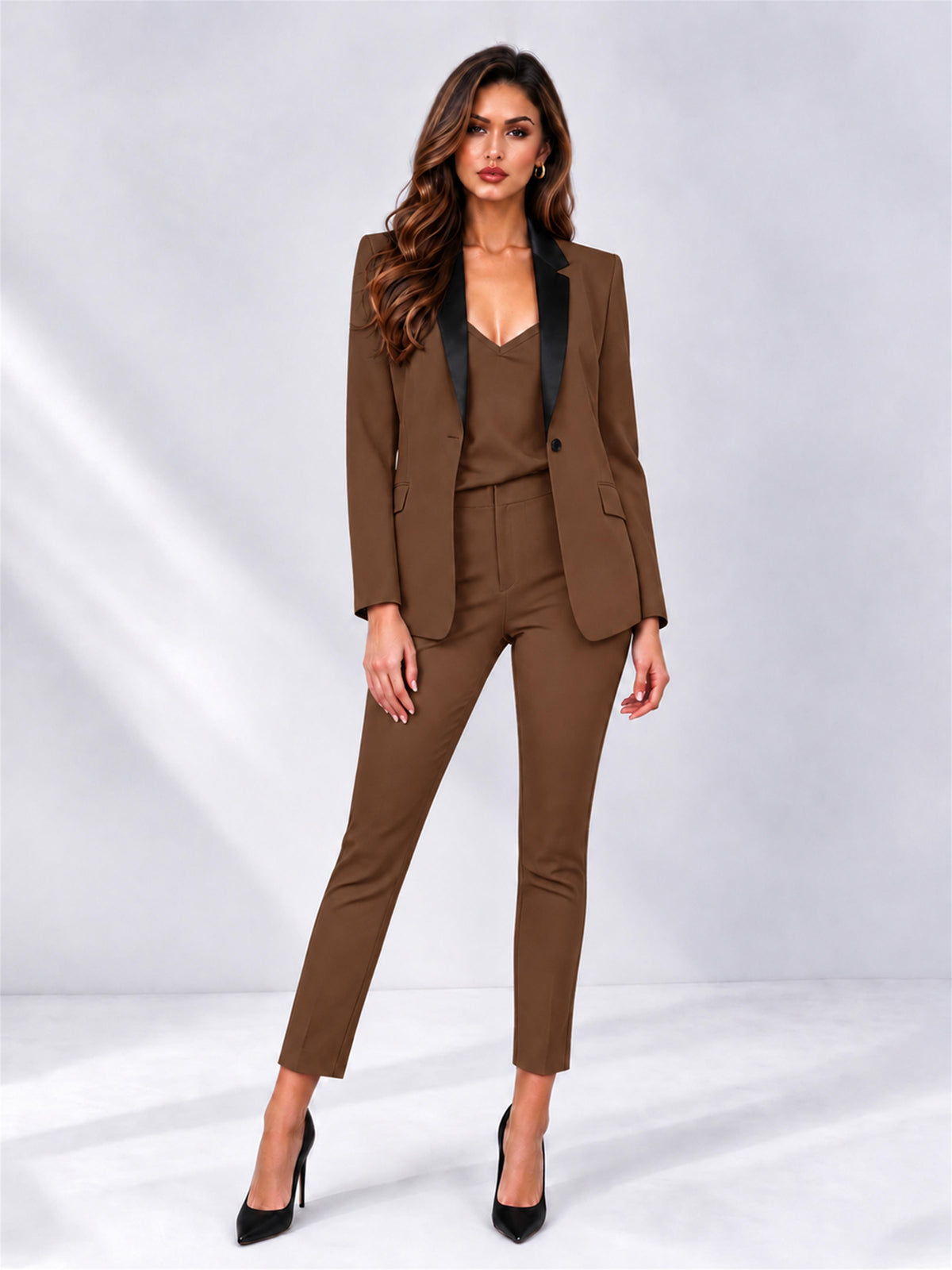Brown 2 Pieces Slim Fit Blazer and Pants Set Women's Suits