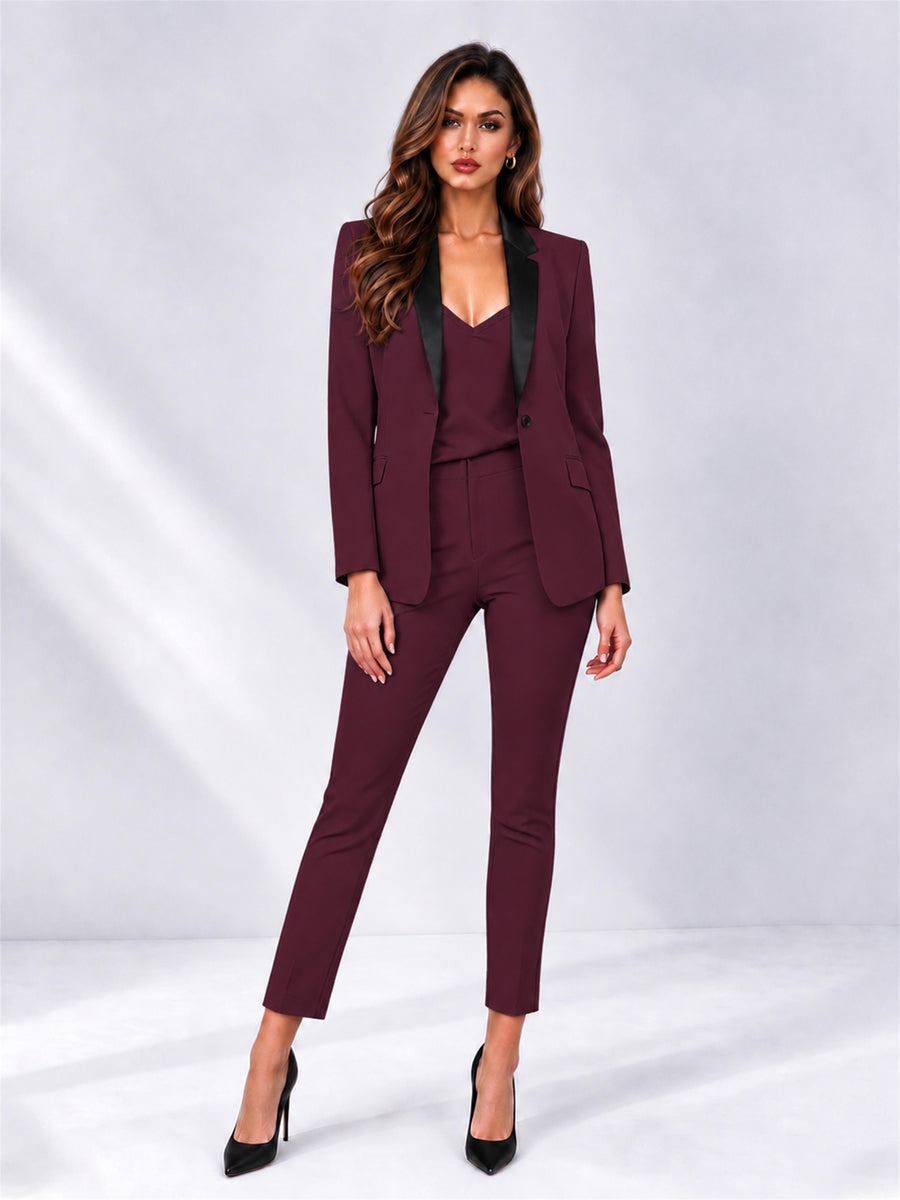 Burgundy 2 Pieces Slim Fit Blazer and Pants Set Women's Suits