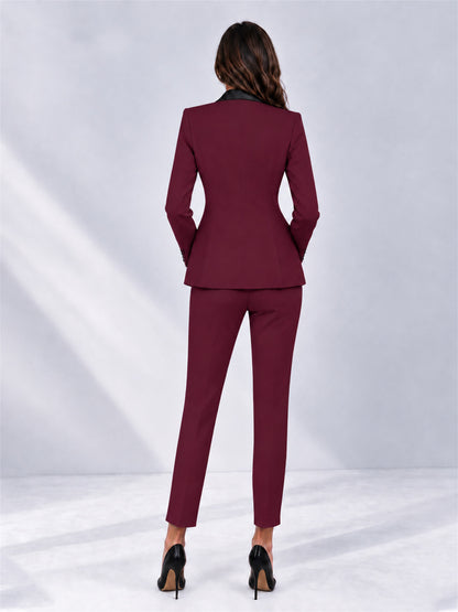 Burgundy 2 Pieces Slim Fit Blazer and Pants Set Women's Suits