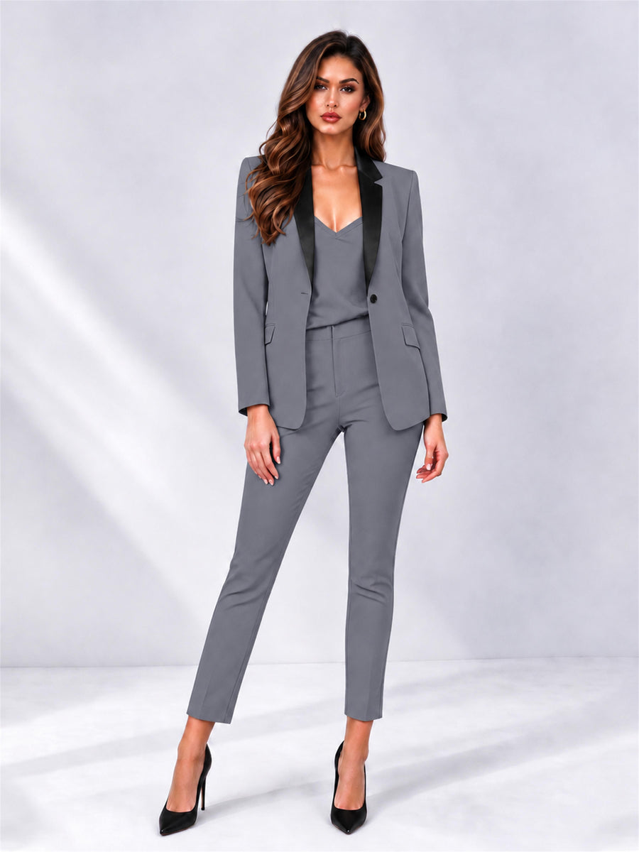 Gray 2 Pieces Slim Fit Blazer and Pants Set Women's Suits
