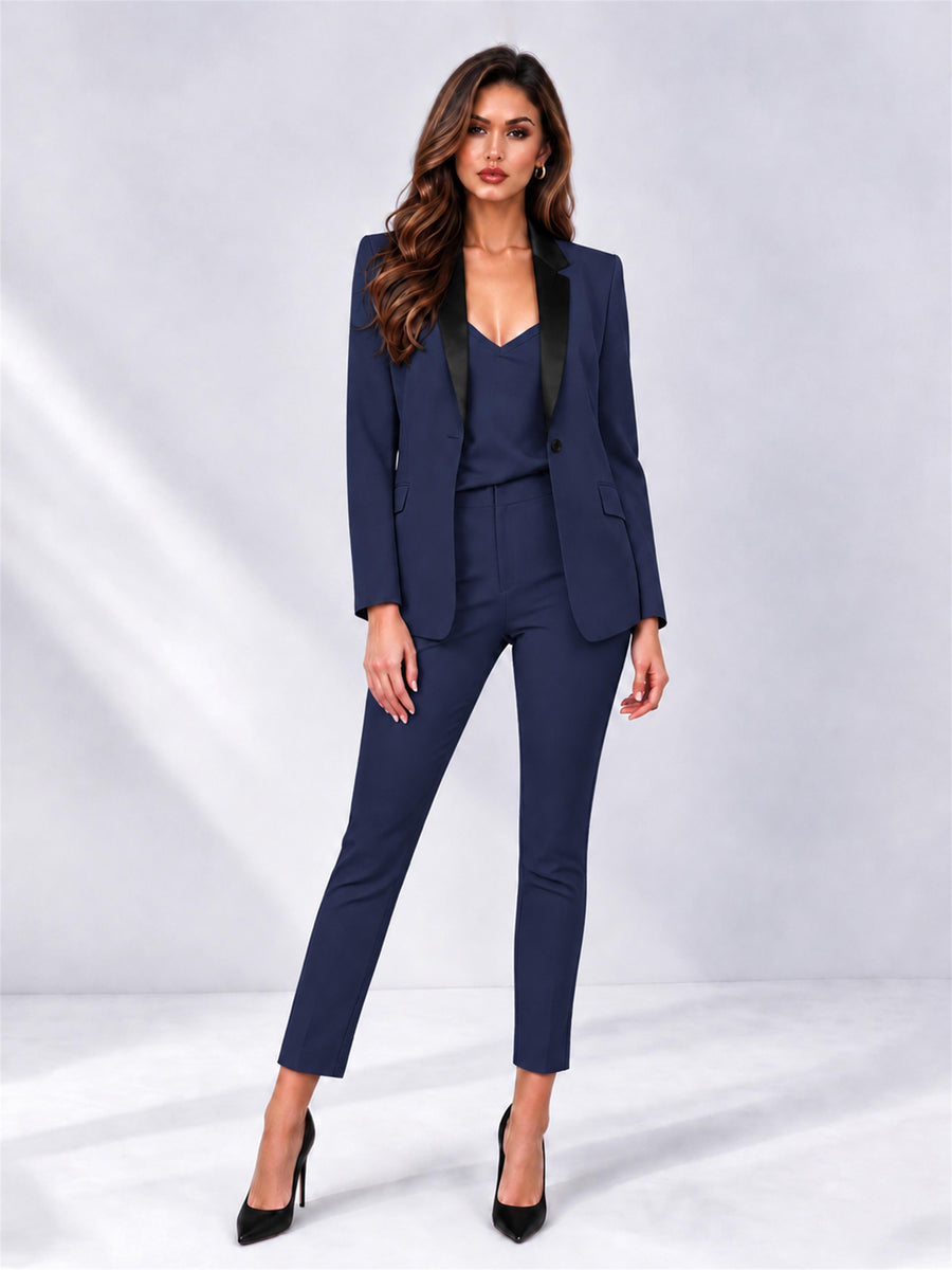 Navy Blue 2 Pieces Slim Fit Blazer and Pants Set Women's Suits