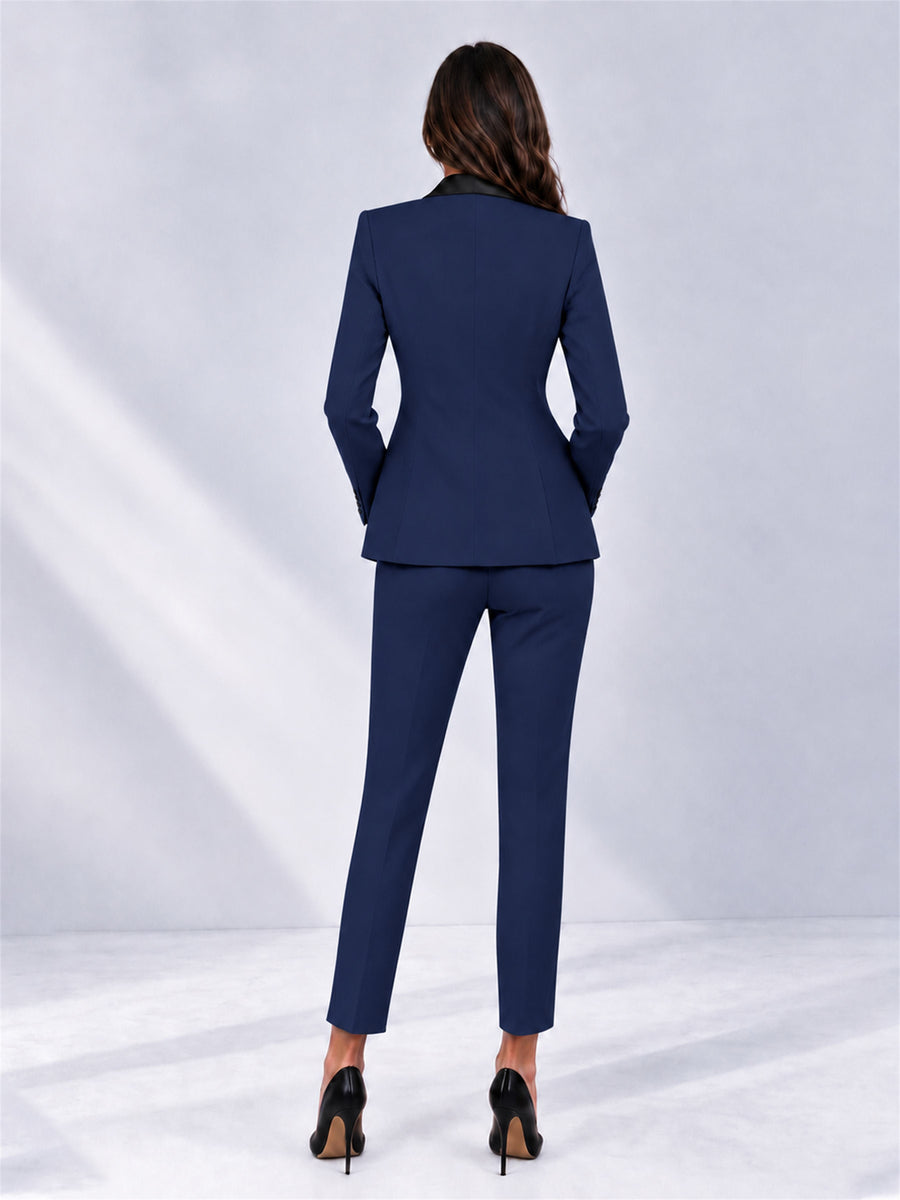 Navy Blue 2 Pieces Slim Fit Blazer and Pants Set Women's Suits