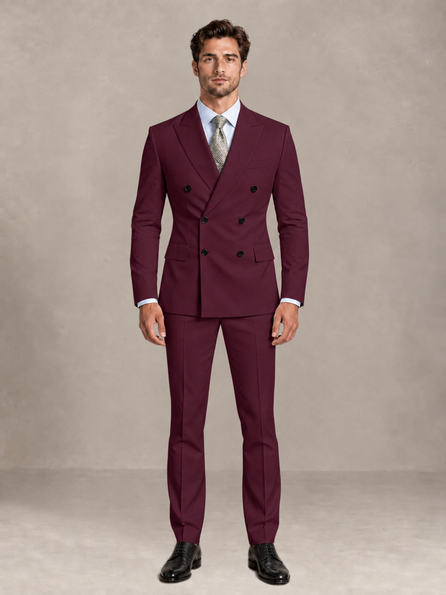Burgundy 2 Pieces Slim Fit Double Breasted Men Suits for Wedding Groom