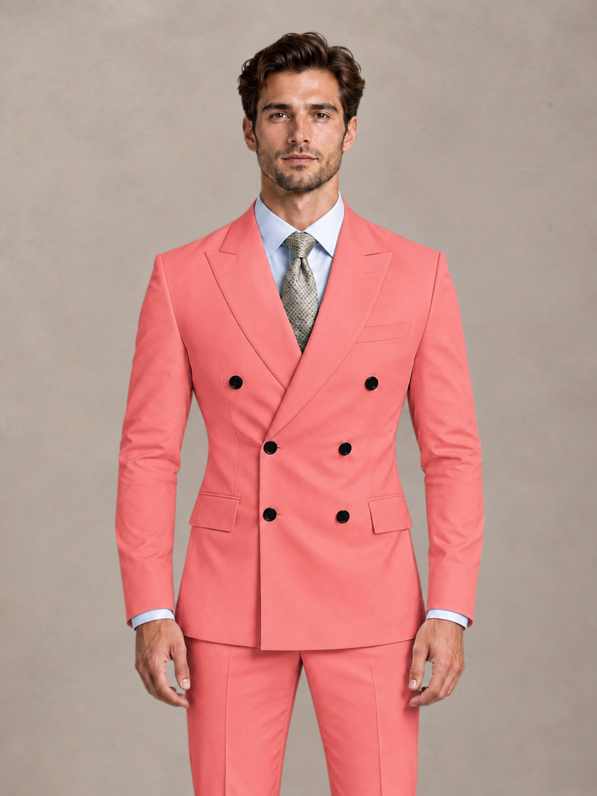 Coral 2 Pieces Slim Fit Double Breasted Men Suits for Wedding Groom