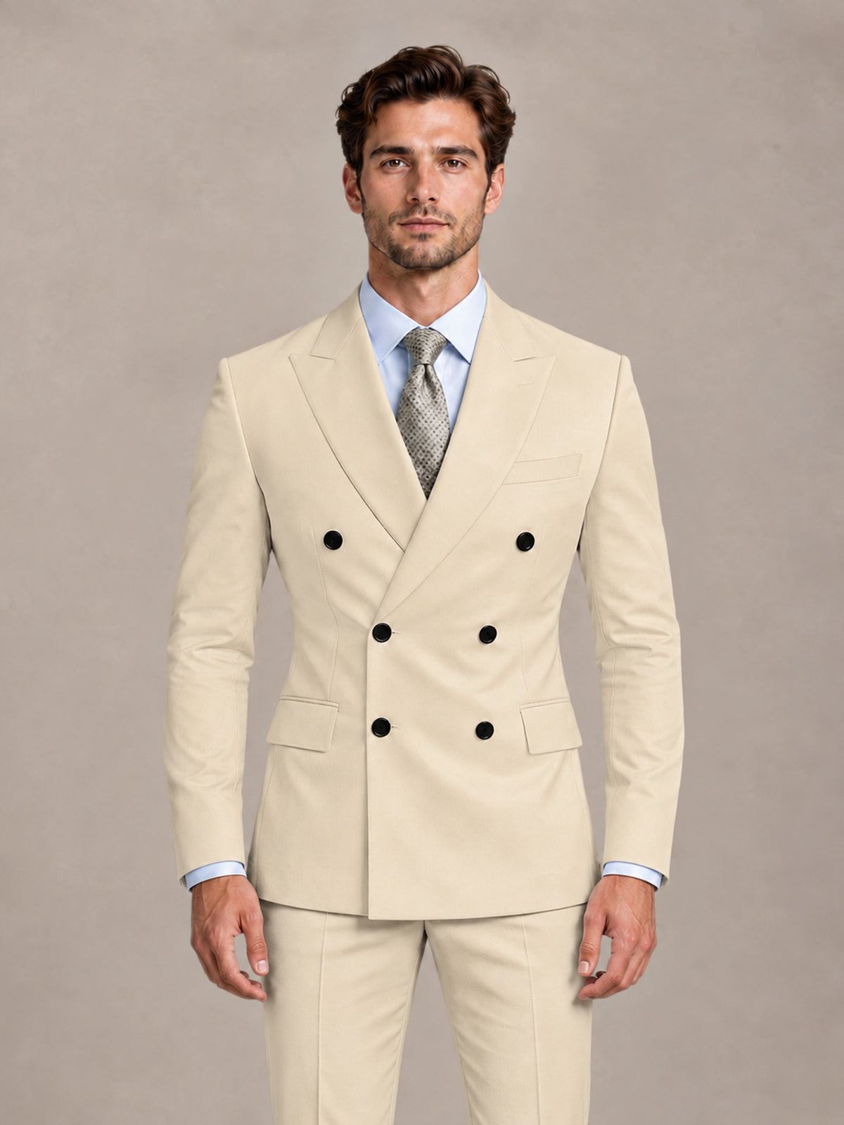 Cream 2 Pieces Slim Fit Double Breasted Men Suits for Wedding Groom