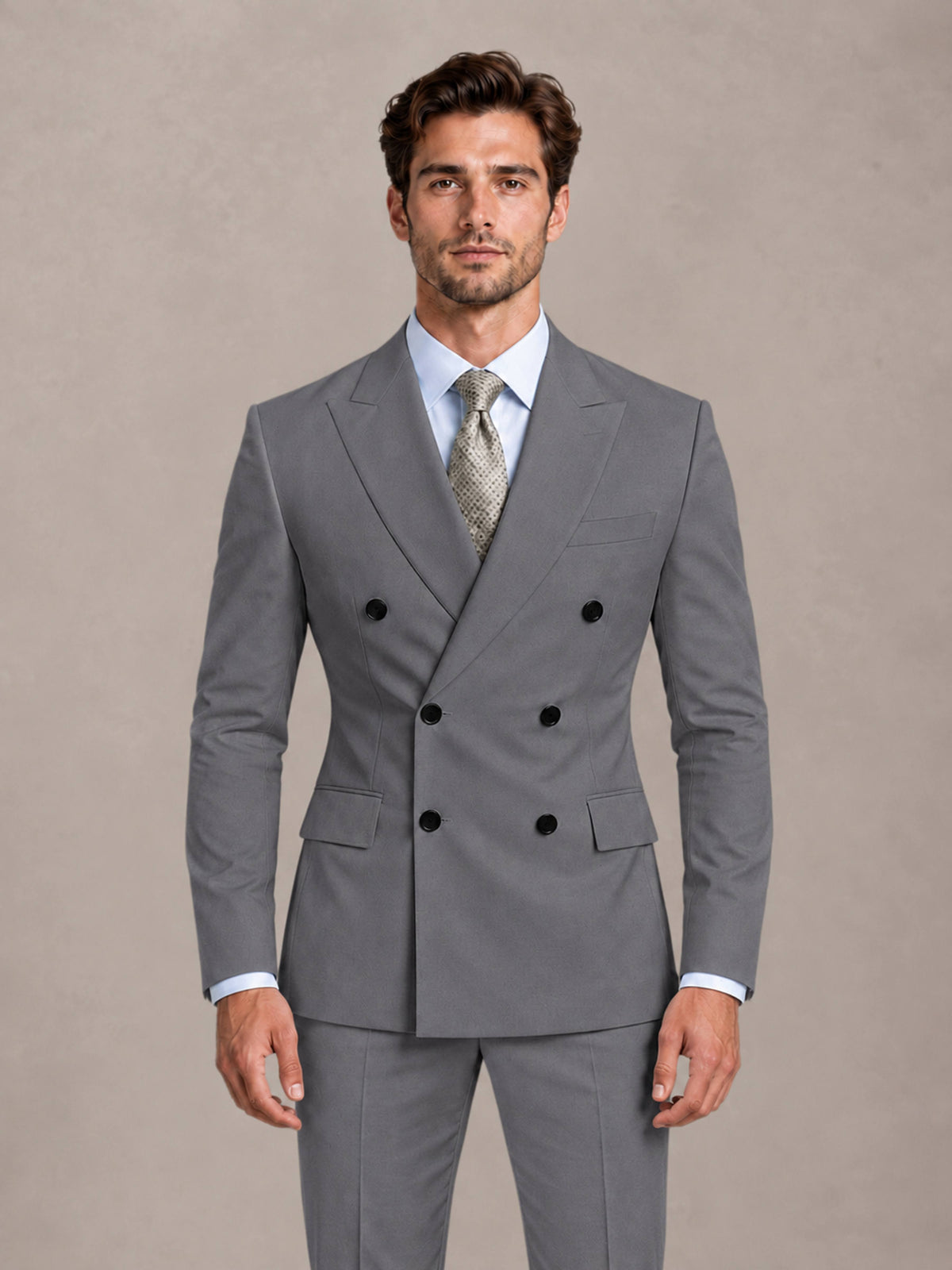 Gray 2 Pieces Slim Fit Double Breasted Men Suits for Wedding Groom