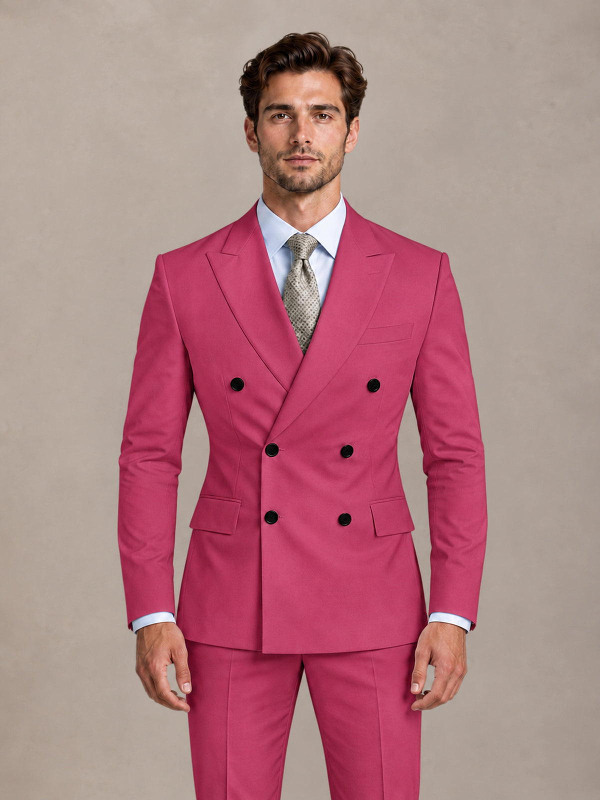 Hot Pink 2 Pieces Slim Fit Double Breasted Men Suits for Wedding Groom