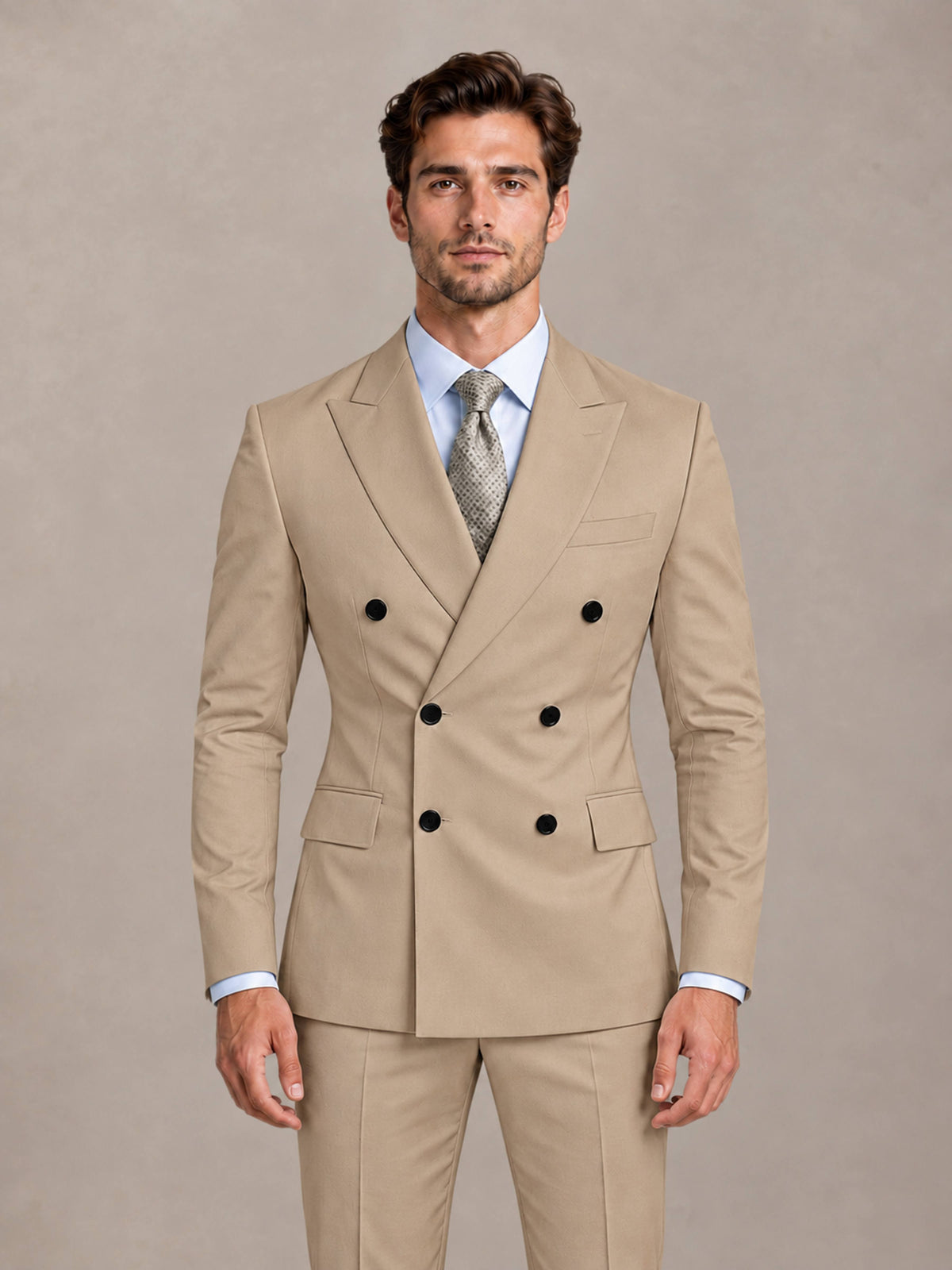 Khaki 2 Pieces Slim Fit Double Breasted Men Suits for Wedding Groom
