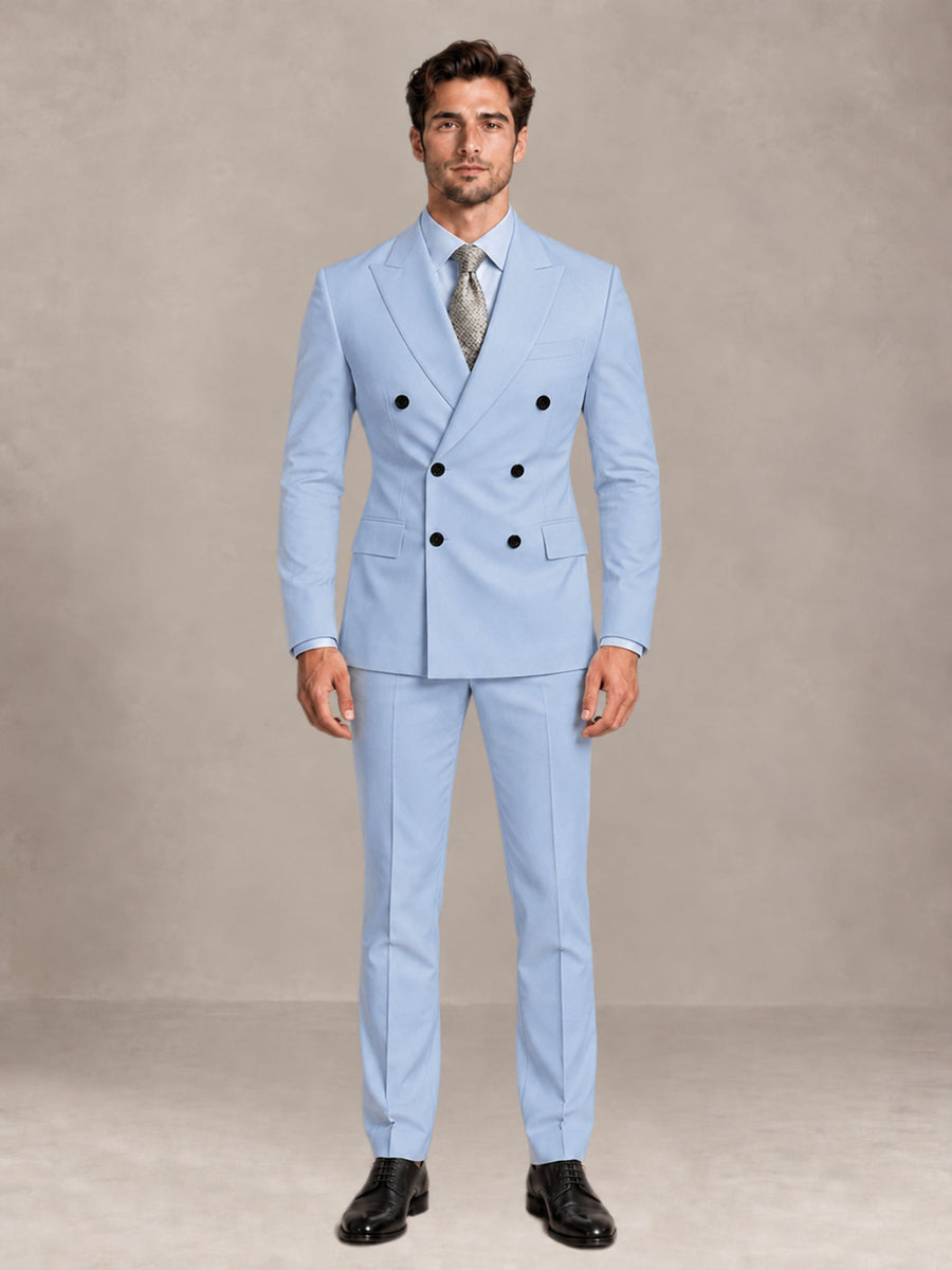Powder Blue 2 Pieces Slim Fit Double Breasted Men Suits for Wedding Groom