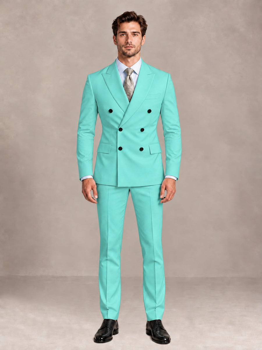 Turquoise 2 Pieces Slim Fit Double Breasted Men Suits for Wedding Groom