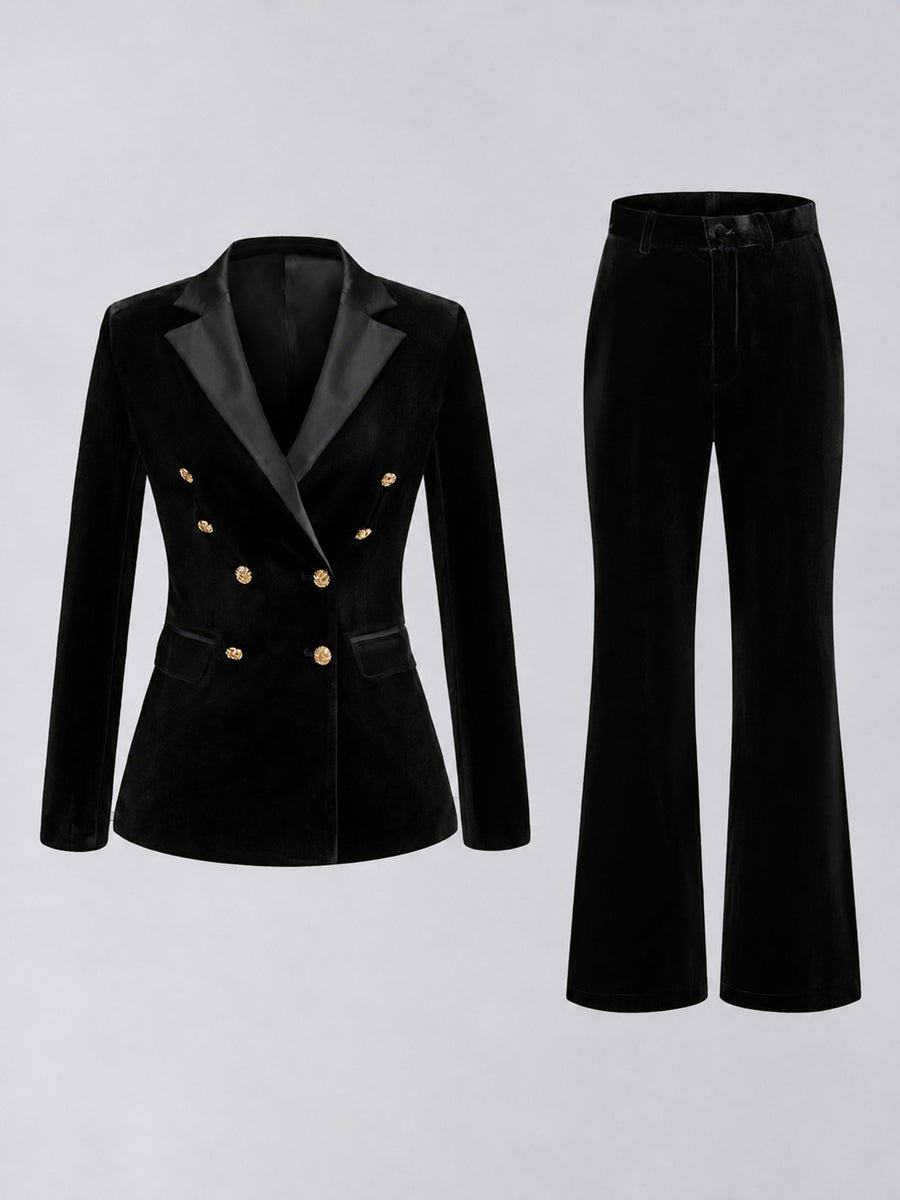 Black 2 Pieces Slim Fit Double Breasted Velvet Women's Suits