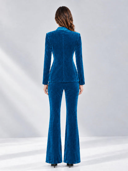 Blue 2 Pieces Slim Fit Double Breasted Velvet Women's Suits