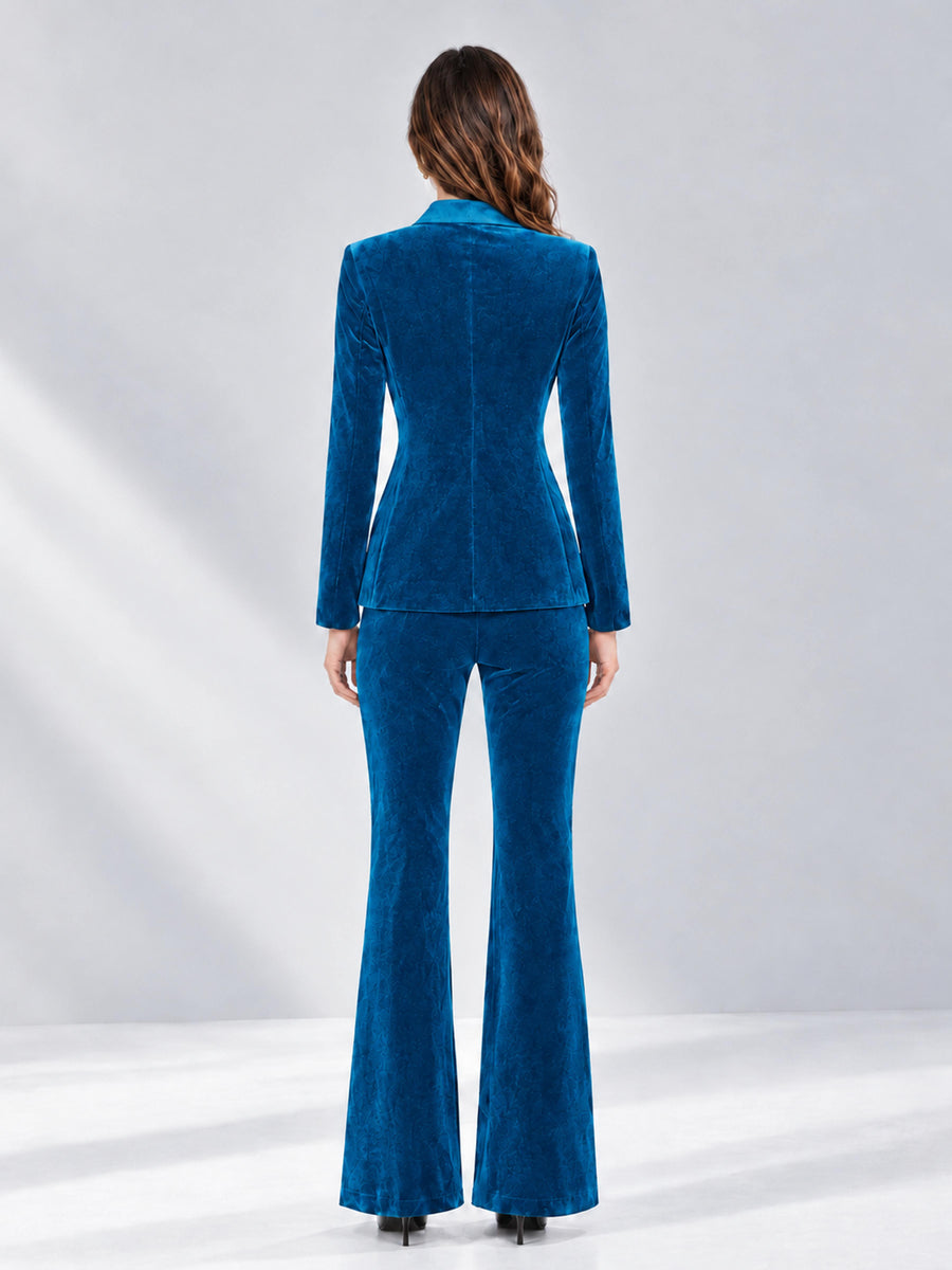 Blue 2 Pieces Slim Fit Double Breasted Velvet Women's Suits