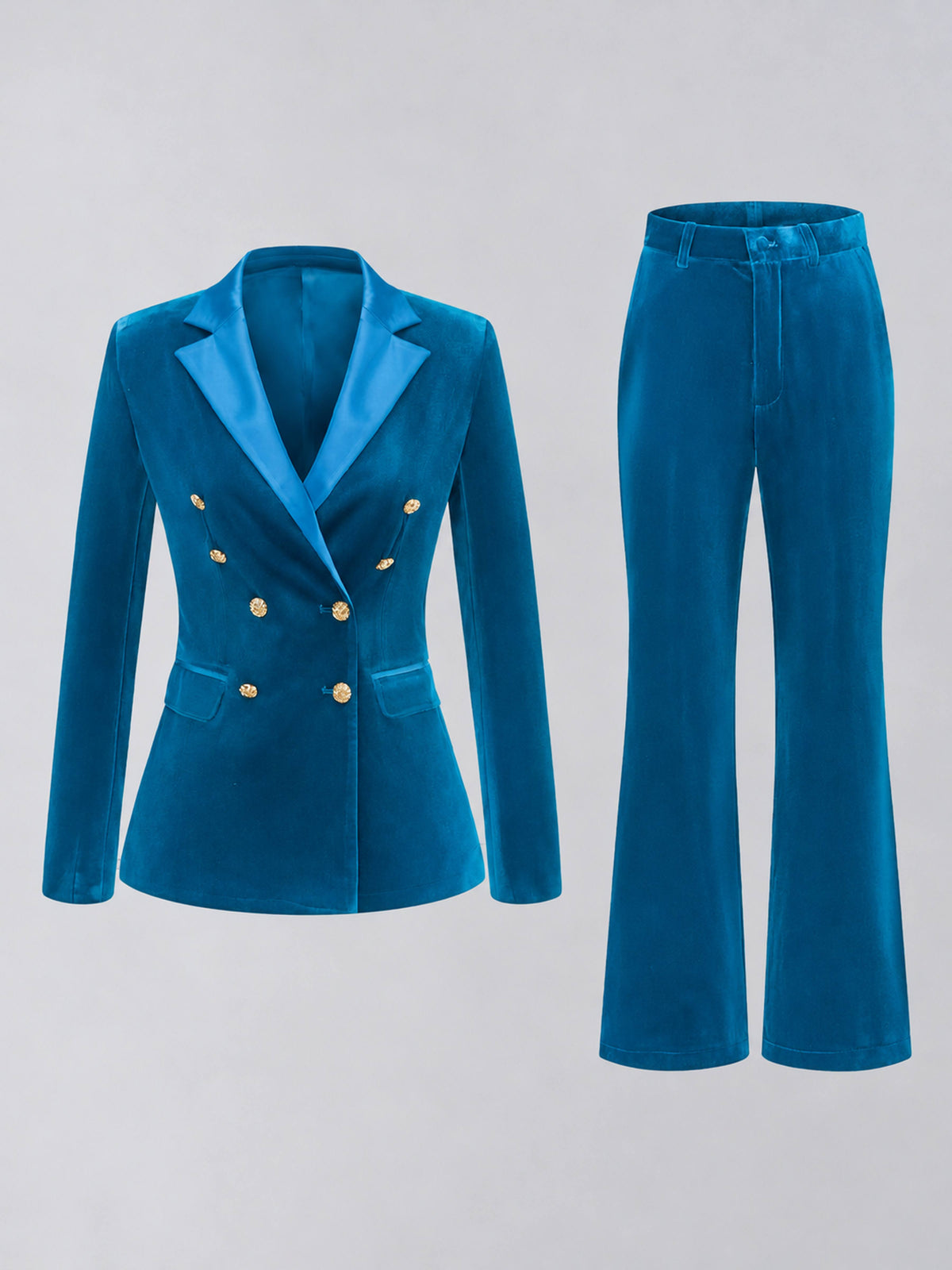 Blue 2 Pieces Slim Fit Double Breasted Velvet Women's Suits