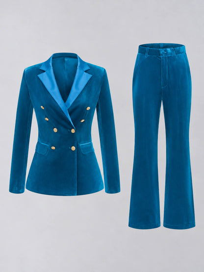 Blue 2 Pieces Slim Fit Double Breasted Velvet Women's Suits