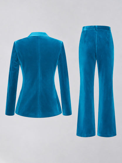 Blue 2 Pieces Slim Fit Double Breasted Velvet Women's Suits