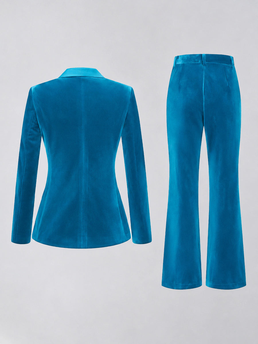 Blue 2 Pieces Slim Fit Double Breasted Velvet Women's Suits