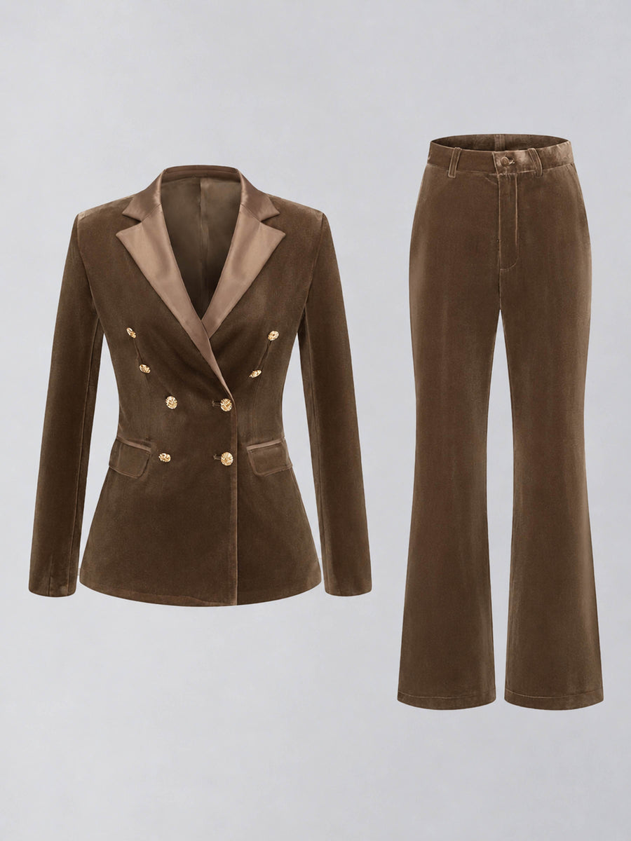 Brown 2 Pieces Slim Fit Double Breasted Velvet Women's Suits