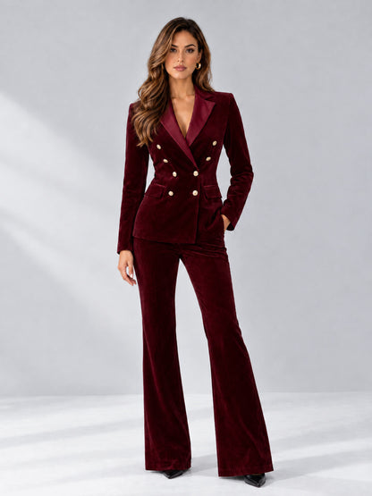 Burgundy 2 Pieces Slim Fit Double Breasted Velvet Women's Suits