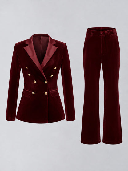Burgundy 2 Pieces Slim Fit Double Breasted Velvet Women's Suits