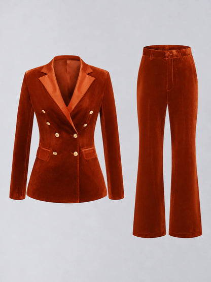 Burnt Orange 2 Pieces Slim Fit Double Breasted Velvet Women's Suits