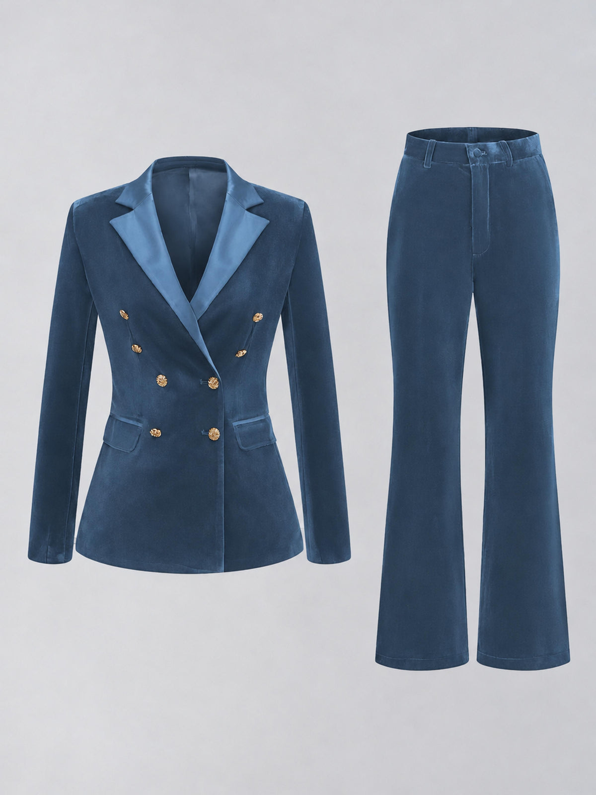 Dusty Blue 2 Pieces Slim Fit Double Breasted Velvet Women's Suits