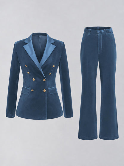 Dusty Blue 2 Pieces Slim Fit Double Breasted Velvet Women's Suits