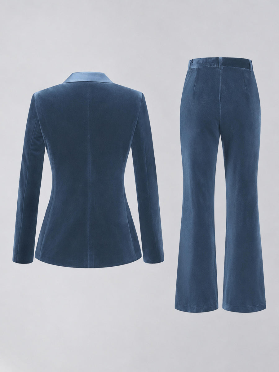 Dusty Blue 2 Pieces Slim Fit Double Breasted Velvet Women's Suits