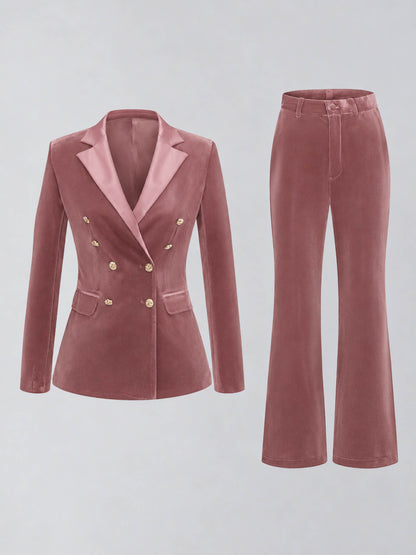 Dusty Rose 2 Pieces Slim Fit Double Breasted Velvet Women's Suits