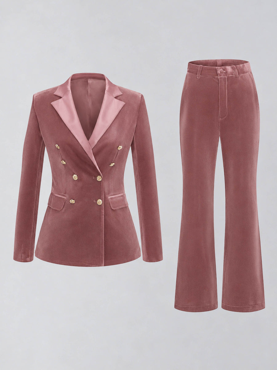 Dusty Rose 2 Pieces Slim Fit Double Breasted Velvet Women's Suits