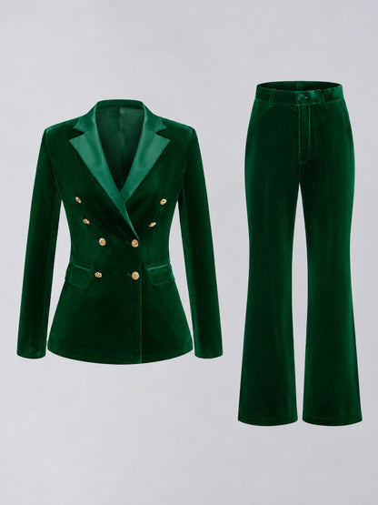 Emerald Green 2 Pieces Slim Fit Double Breasted Velvet Women's Suits