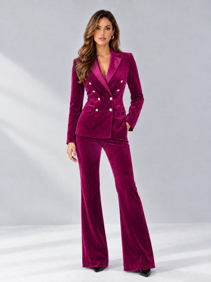 Fuchsia 2 Pieces Slim Fit Double Breasted Velvet Women's Suits