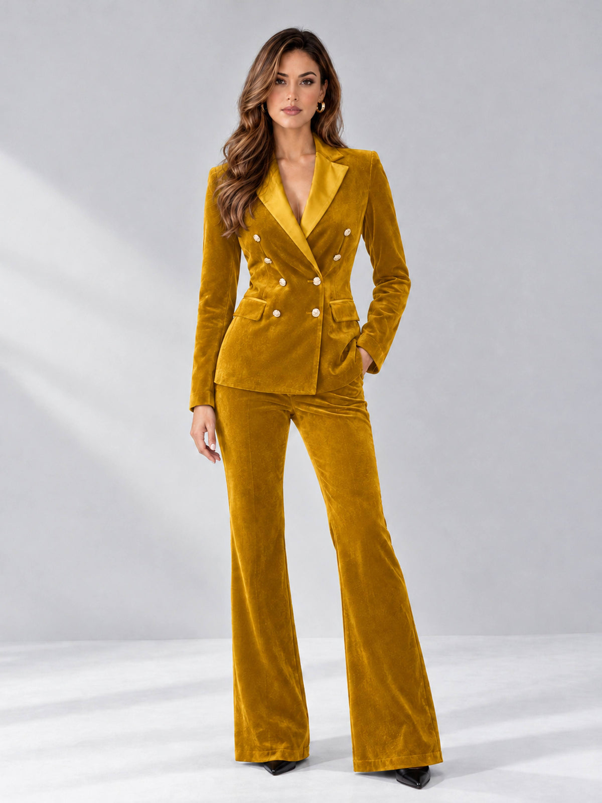 Gold 2 Pieces Slim Fit Double Breasted Velvet Women's Suits