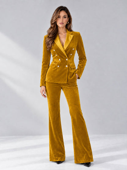 Gold 2 Pieces Slim Fit Double Breasted Velvet Women's Suits