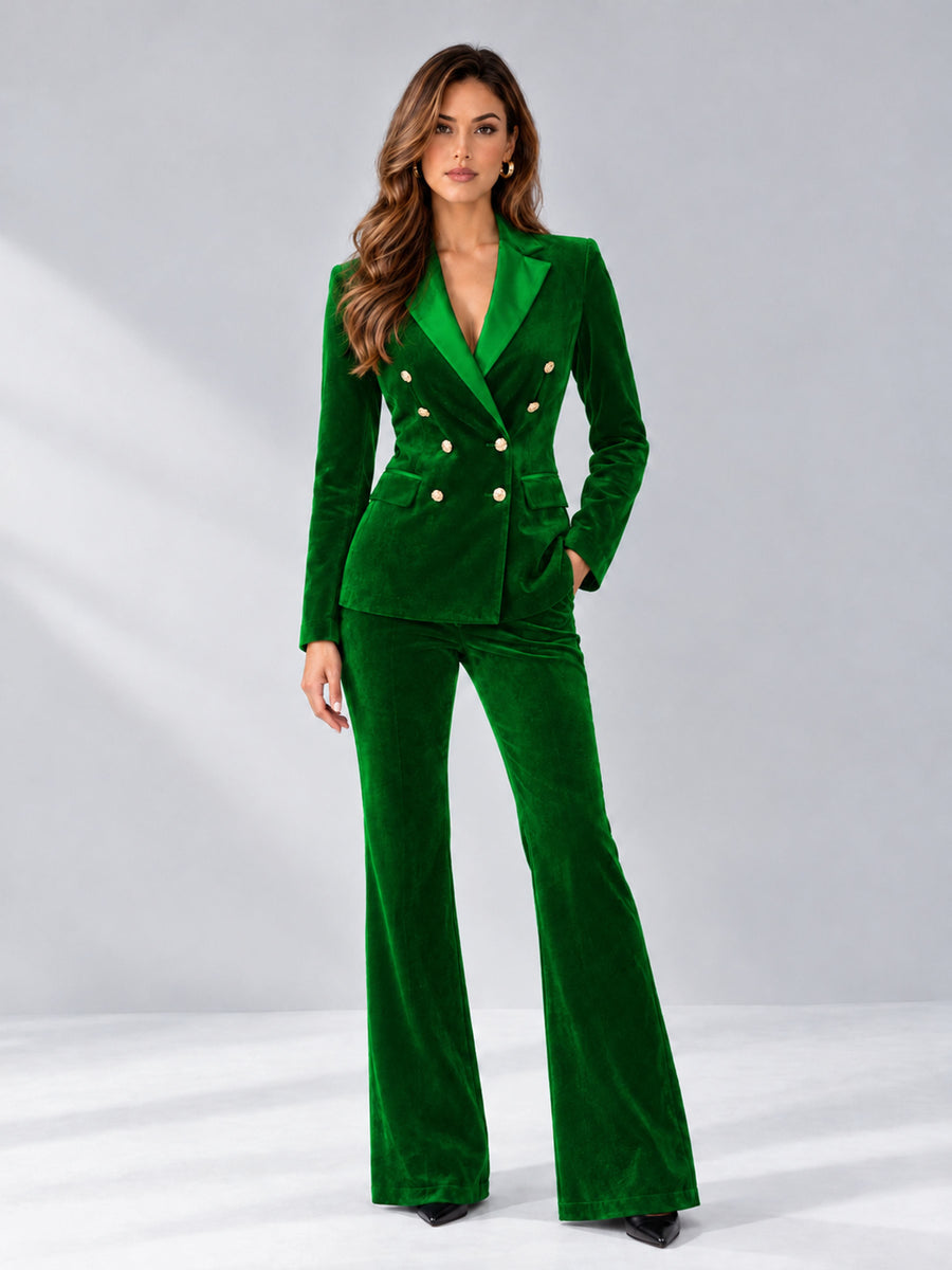 Green 2 Pieces Slim Fit Double Breasted Velvet Women's Suits