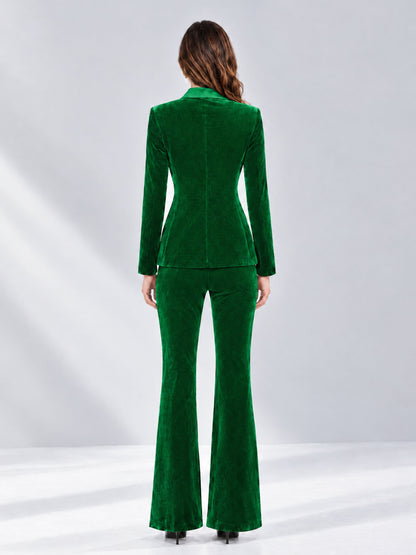 Green 2 Pieces Slim Fit Double Breasted Velvet Women's Suits