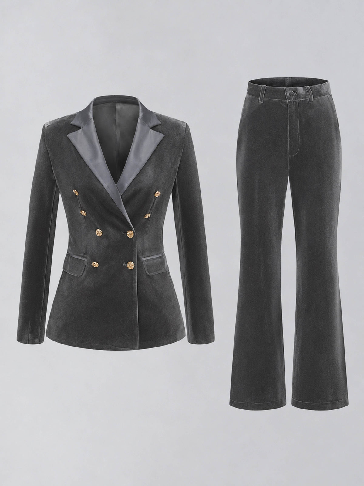Grey 2 Pieces Slim Fit Double Breasted Velvet Women's Suits