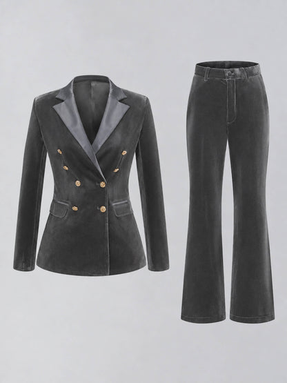 Grey 2 Pieces Slim Fit Double Breasted Velvet Women's Suits
