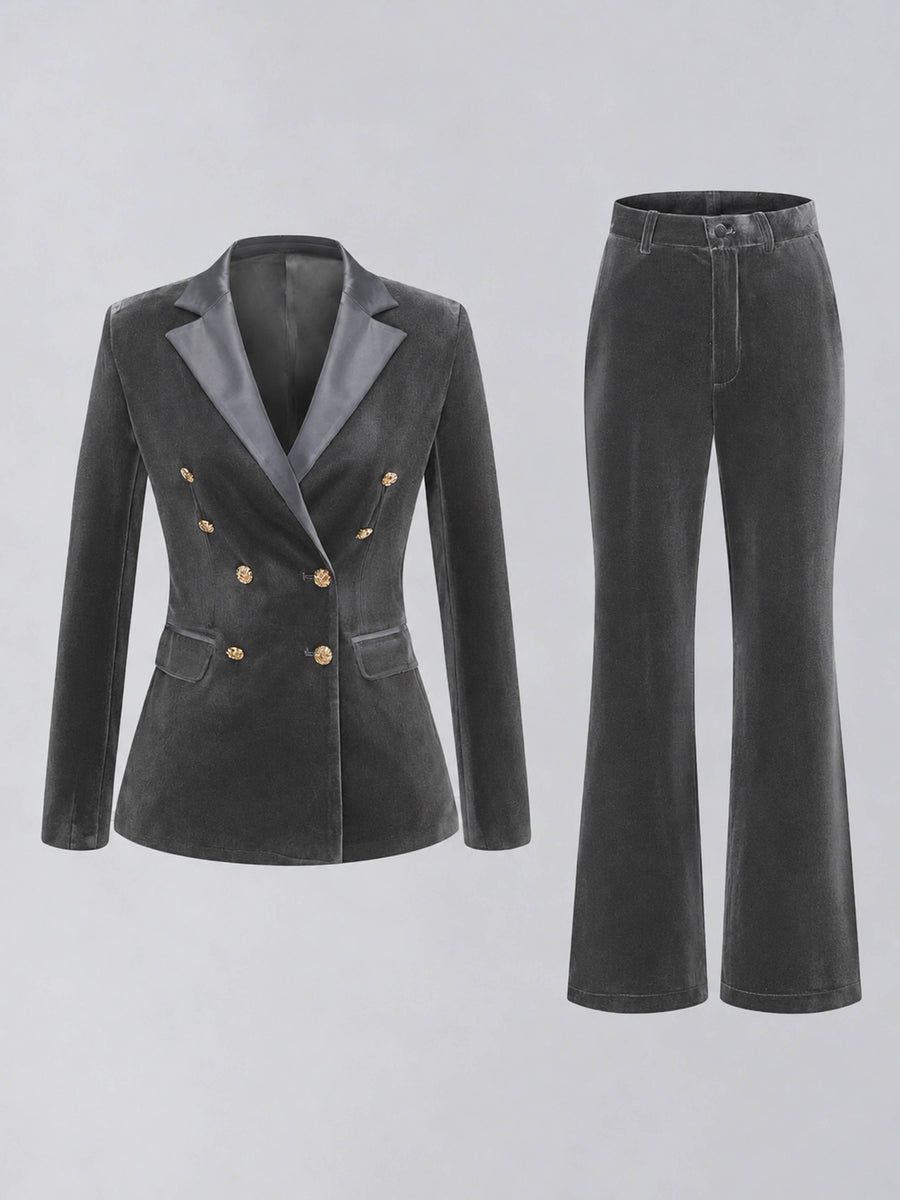 Grey 2 Pieces Slim Fit Double Breasted Velvet Women's Suits