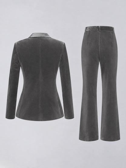 Grey 2 Pieces Slim Fit Double Breasted Velvet Women's Suits