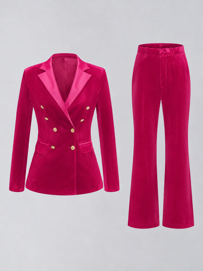 Hot Pink 2 Pieces Slim Fit Double Breasted Velvet Women's Suits