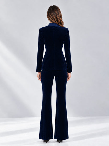 Navy Blue 2 Pieces Slim Fit Double Breasted Velvet Women's Suits
