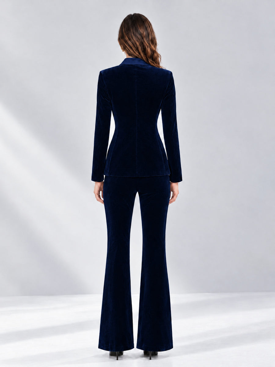 Navy Blue 2 Pieces Slim Fit Double Breasted Velvet Women's Suits