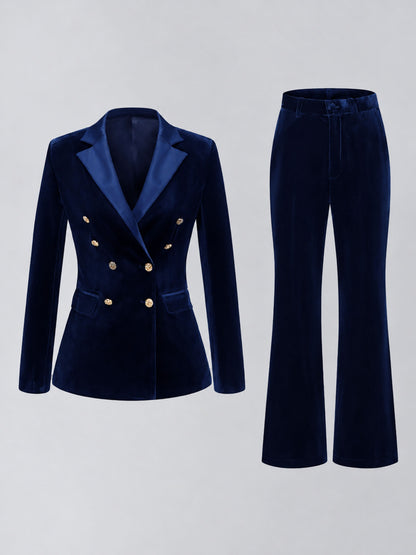 Navy Blue 2 Pieces Slim Fit Double Breasted Velvet Women's Suits