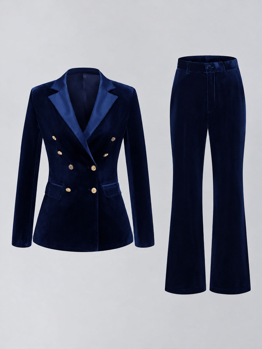 Navy Blue 2 Pieces Slim Fit Double Breasted Velvet Women's Suits