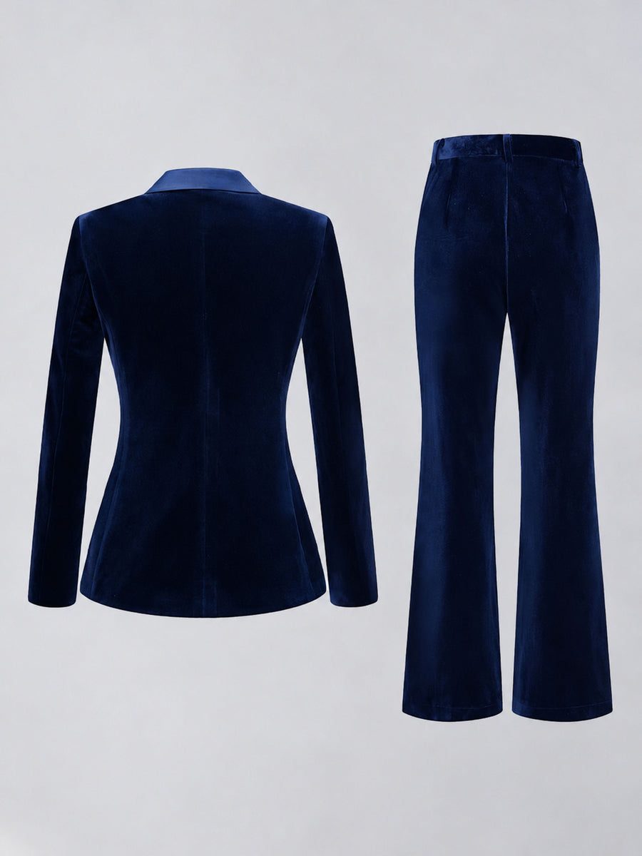 Navy Blue 2 Pieces Slim Fit Double Breasted Velvet Women's Suits
