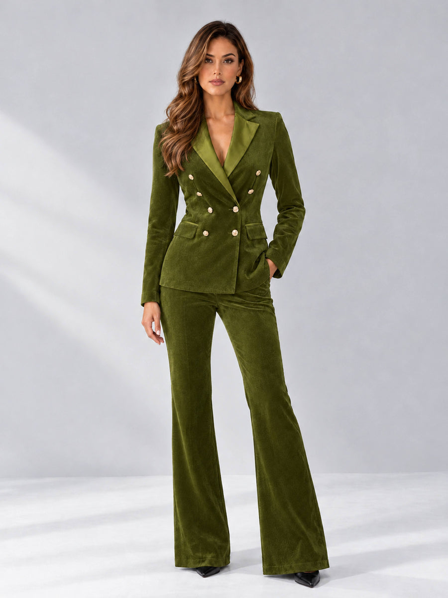 Olive Green 2 Pieces Slim Fit Double Breasted Velvet Women's Suits
