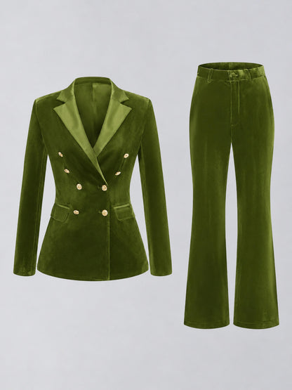 Olive Green 2 Pieces Slim Fit Double Breasted Velvet Women's Suits