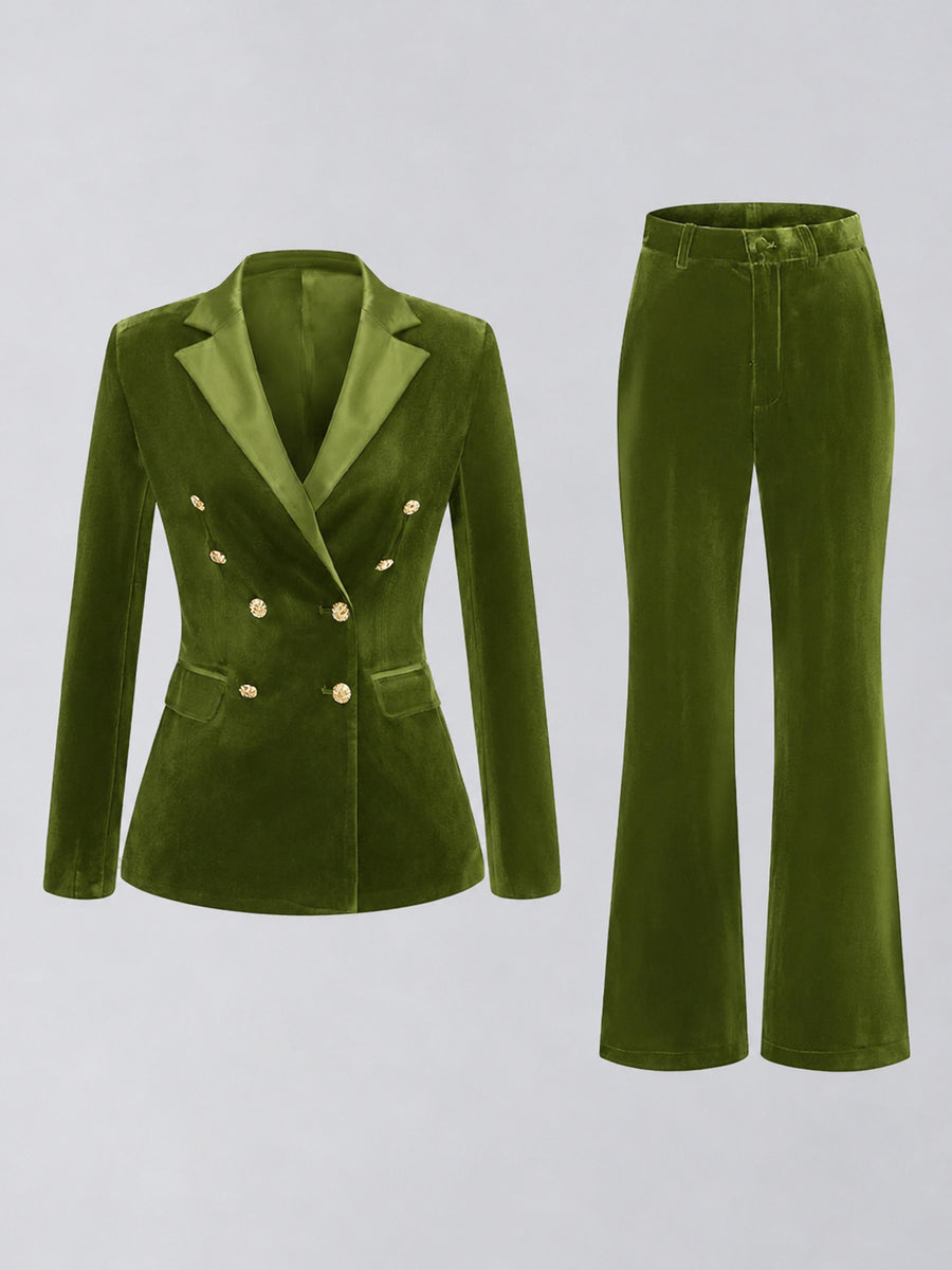 Olive Green 2 Pieces Slim Fit Double Breasted Velvet Women's Suits