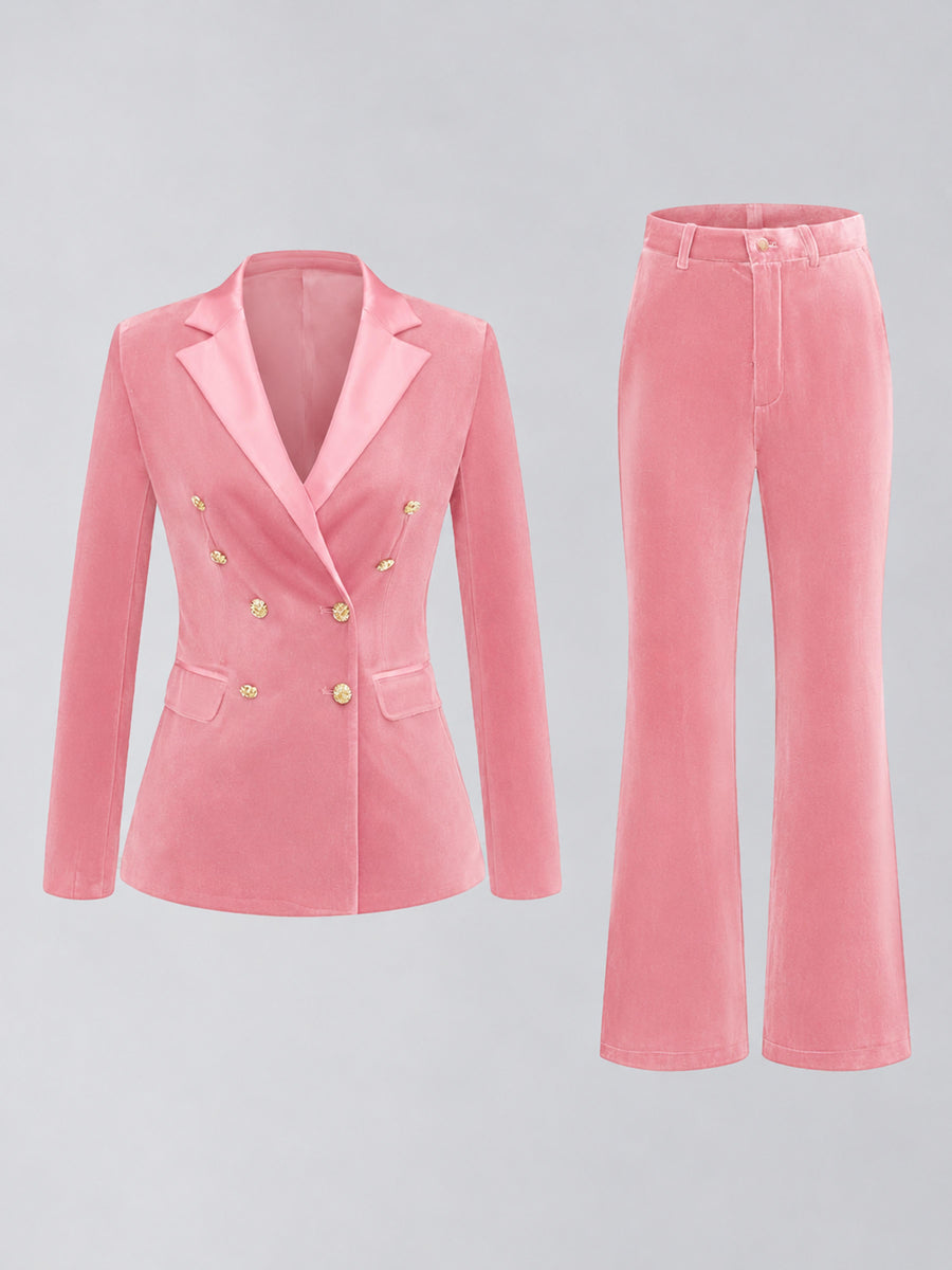 Pink 2 Pieces Slim Fit Double Breasted Velvet Women's Suits
